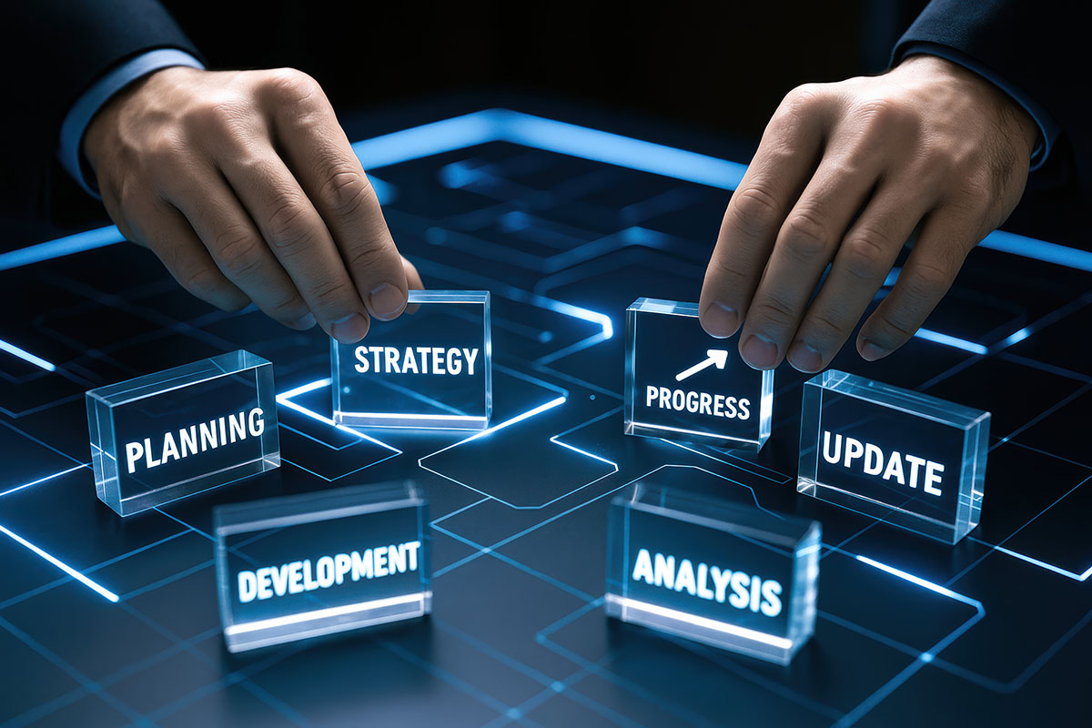 business strategy terms on glass blocks
